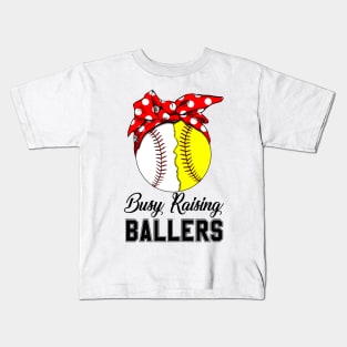 Busy Raising Ballers Red Bow Softball Baseball Kids T-Shirt